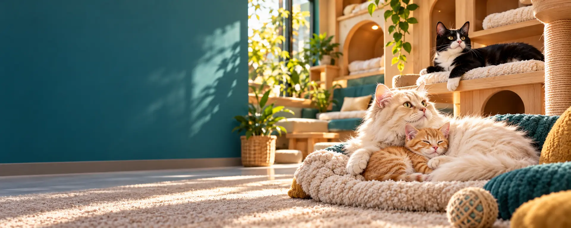 A fluffy cat cuddling a ginger kitten in a cosy The Cat Paradise lounge