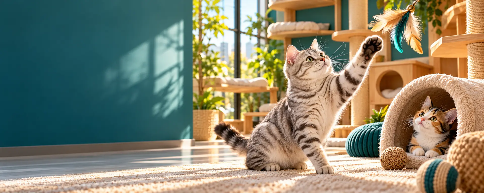 Playful cats enjoying a feather toy and tunnel in the The Cat Paradise play lounge