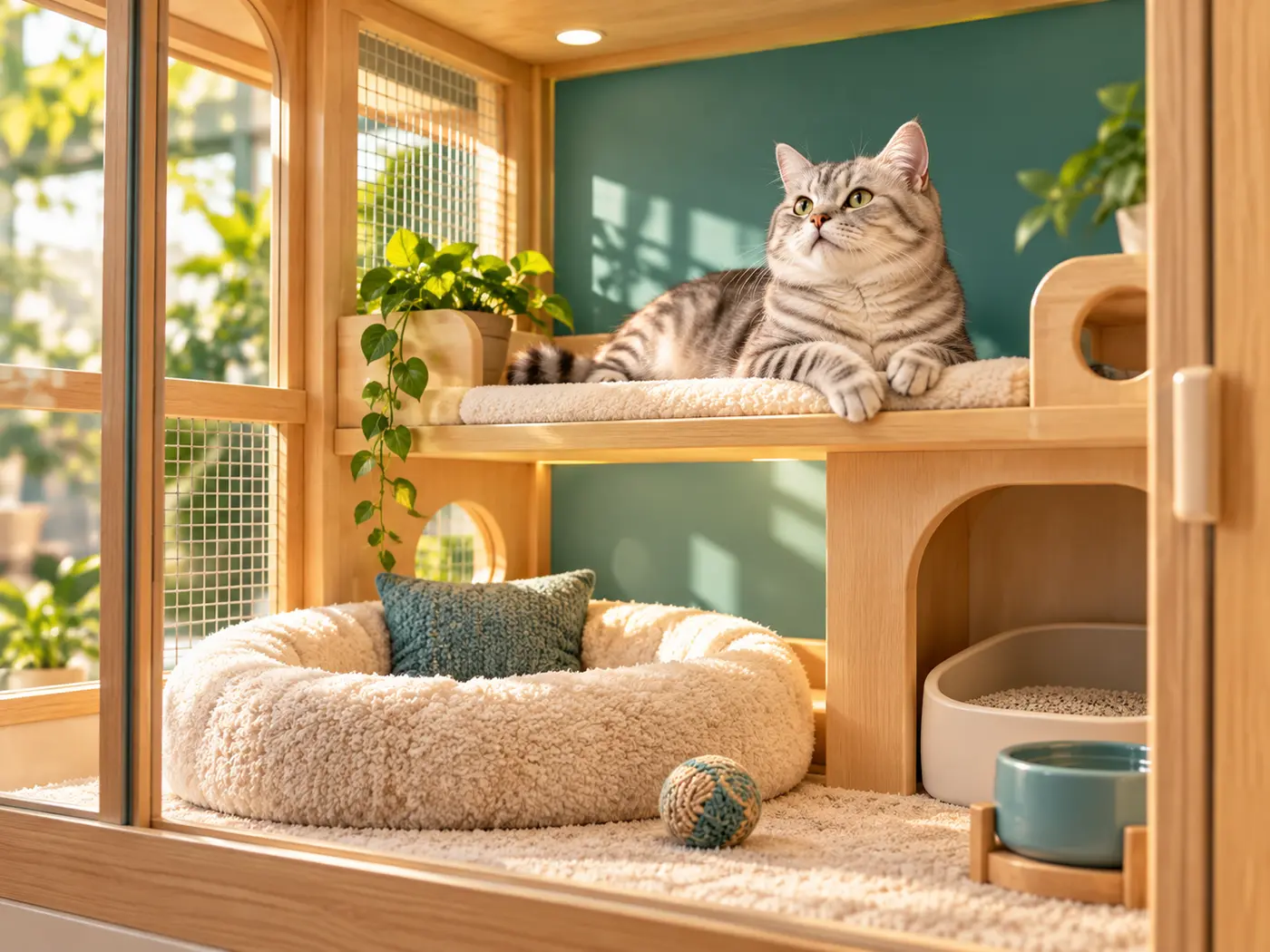 A relaxed silver tabby enjoying a spacious private wooden boarding suite