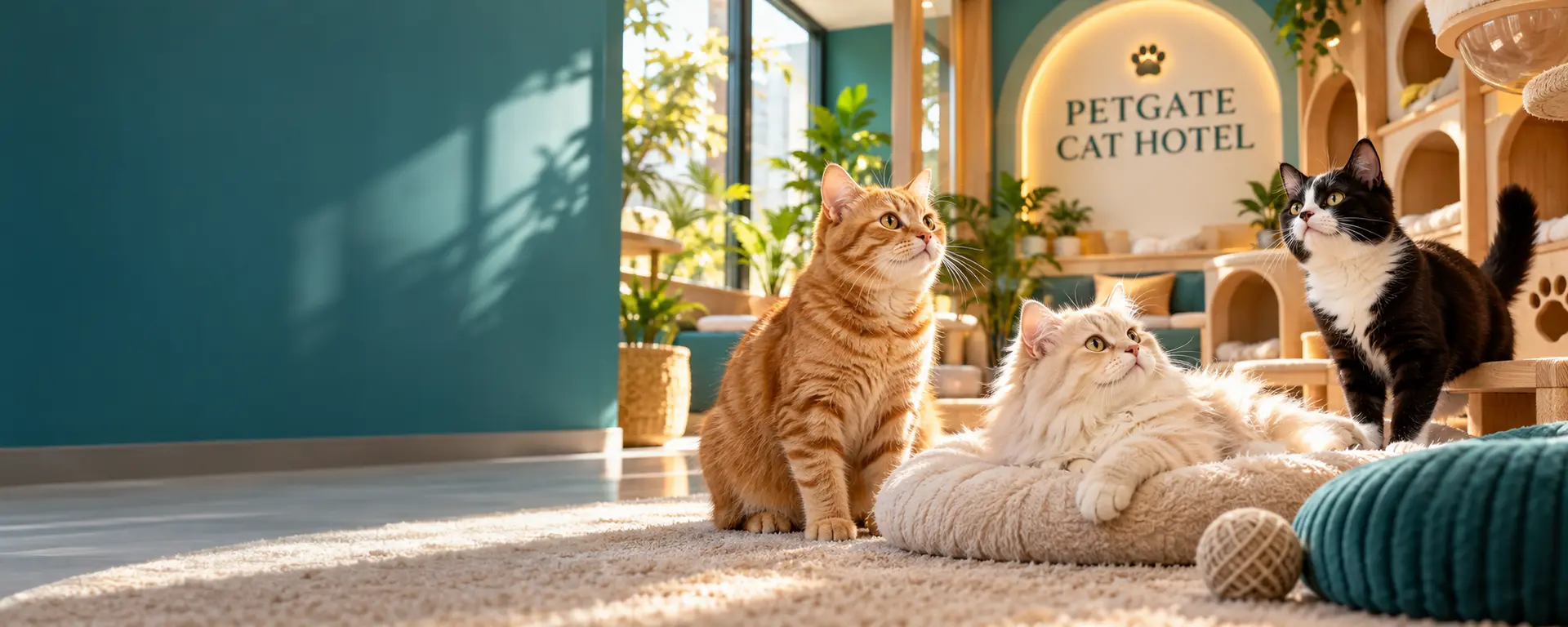Three relaxed cats enjoying the warm The Cat Paradise lounge